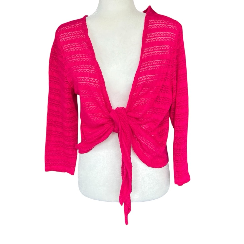 Y2K Faded Glory Hot Pink Crochet Knit Tie Front Bolero Shrug Cardigan Size Large - Picture 1 of 6